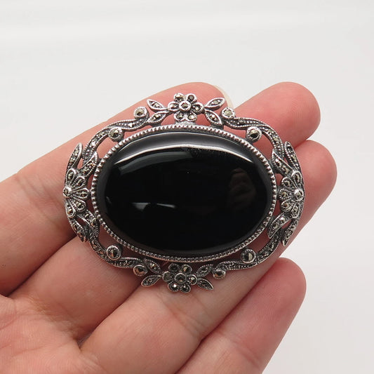 925 Sterling Silver Vintage Real Black Onyx & Marcasite Gem Floral Pin Brooch