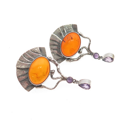 Michou 925 Sterling Silver Vintage Real Amber & Amethyst Modernist Earrings