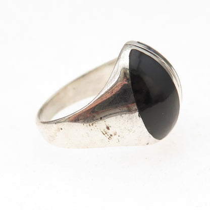 925 Sterling Silver Vintage Real Black Onyx Modernist Dome Ring Size 8