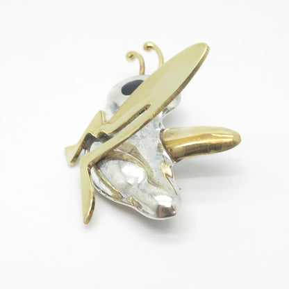 925 Sterling Silver 2-Tone Vintage Taxco Black Onyx Gem Grasshopper Pin Brooch