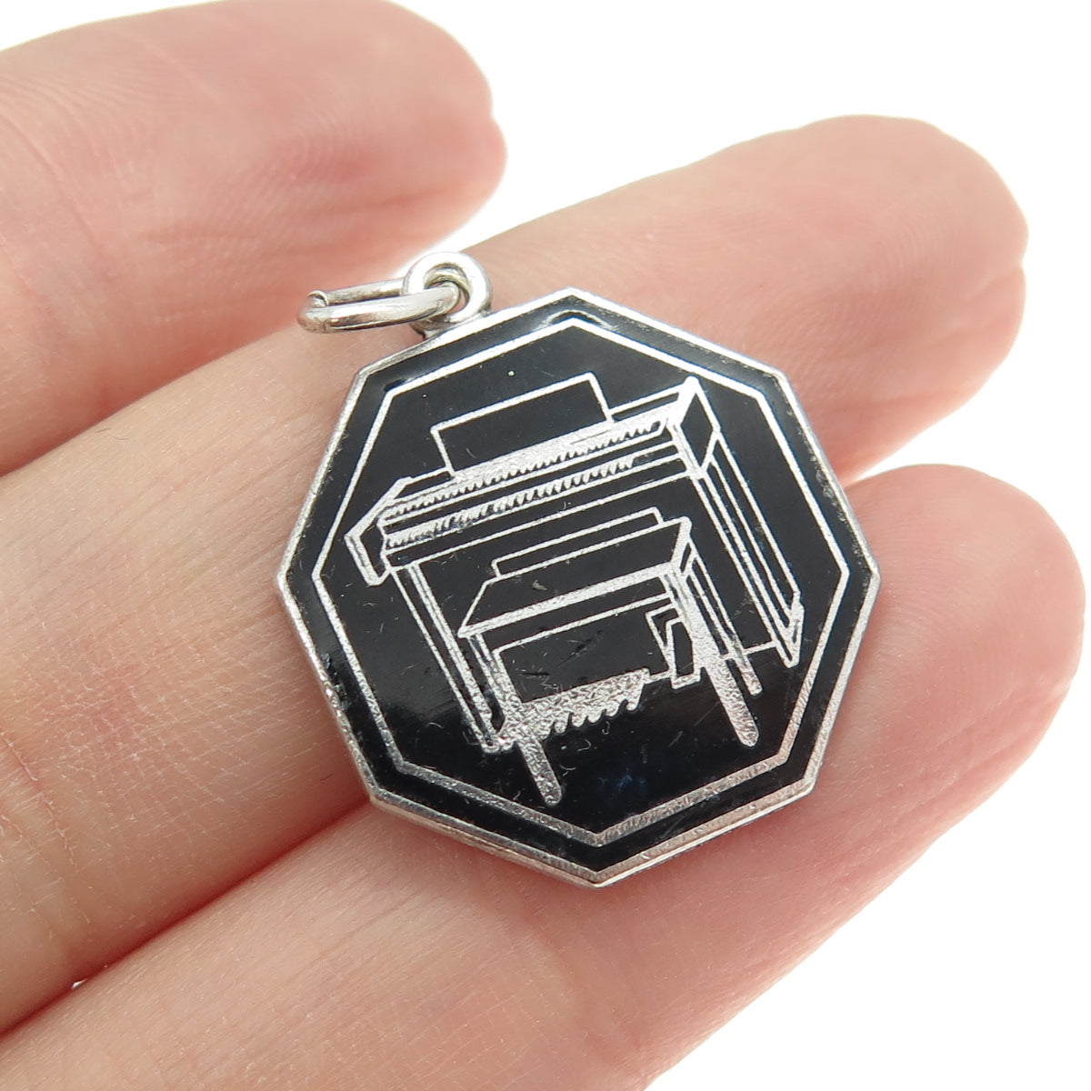 925 Sterling Silver Antique Art Deco Black Enamel Piano Pendant