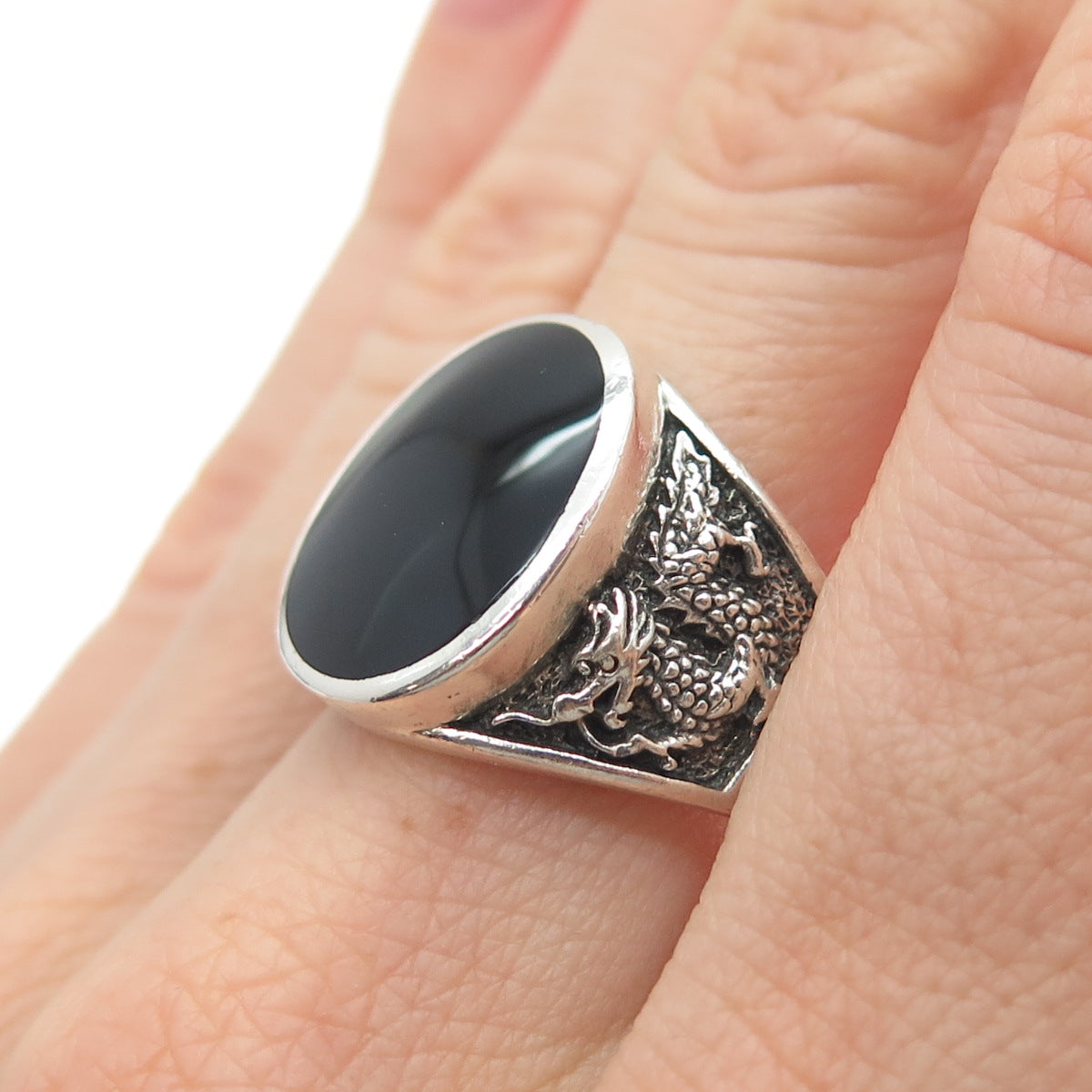 925 Sterling Silver Vintage Real Black Onyx Dragon Oxidized Ring Size 10.25