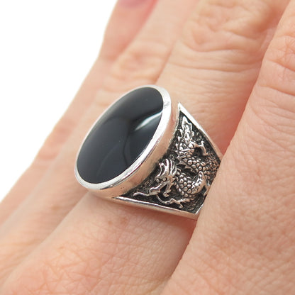 925 Sterling Silver Vintage Real Black Onyx Dragon Oxidized Ring Size 10.25