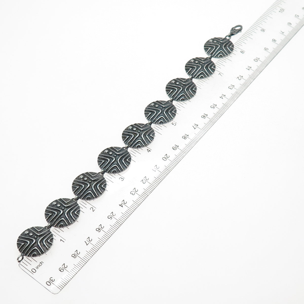 925 Sterling Silver Vintage Modernist Disc Link Oxidized Bracelet 8.25"