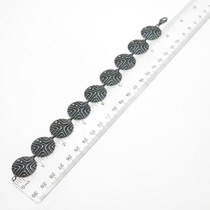 925 Sterling Silver Vintage Modernist Disc Link Oxidized Bracelet 8.25"