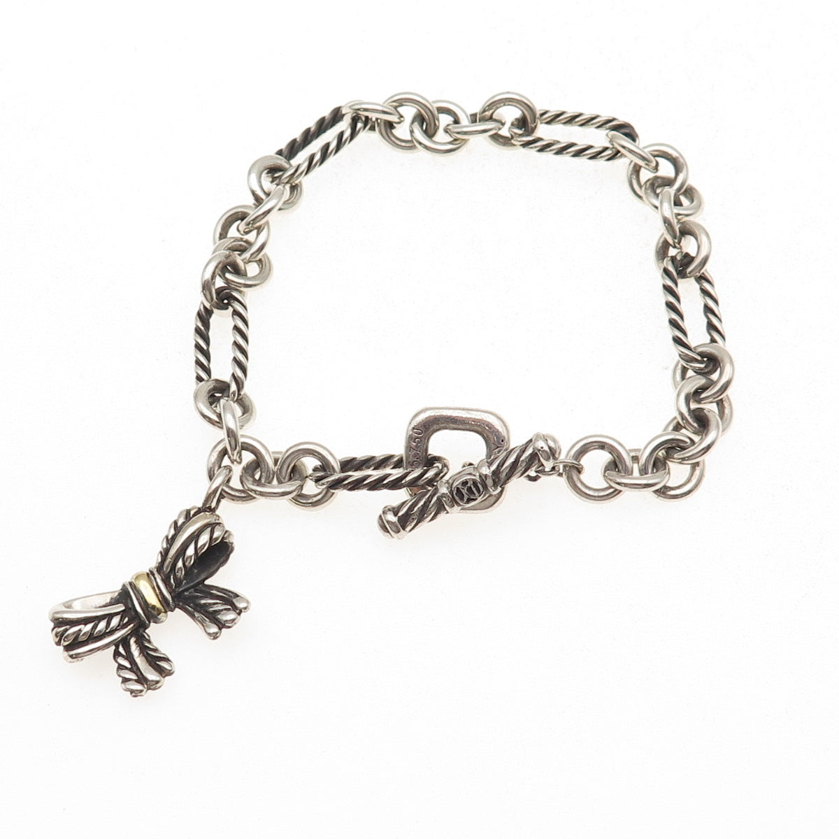 David Yurman 925 Sterling Silver 18K Gold Vintage Bow Charm Bracelet 6.75"