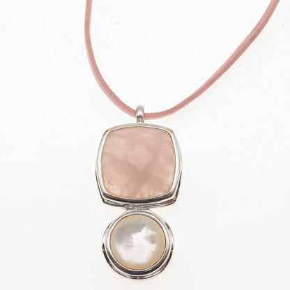 Elle 925 Sterling Silver Real Rose Quartz MOP & Ruby Pink Lace Necklace 16-18"