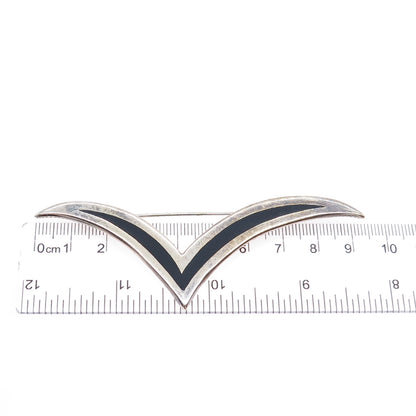 925 Sterling Silver Vintage Mexico Real Black Onyx Modernist Seagull Pin Brooch