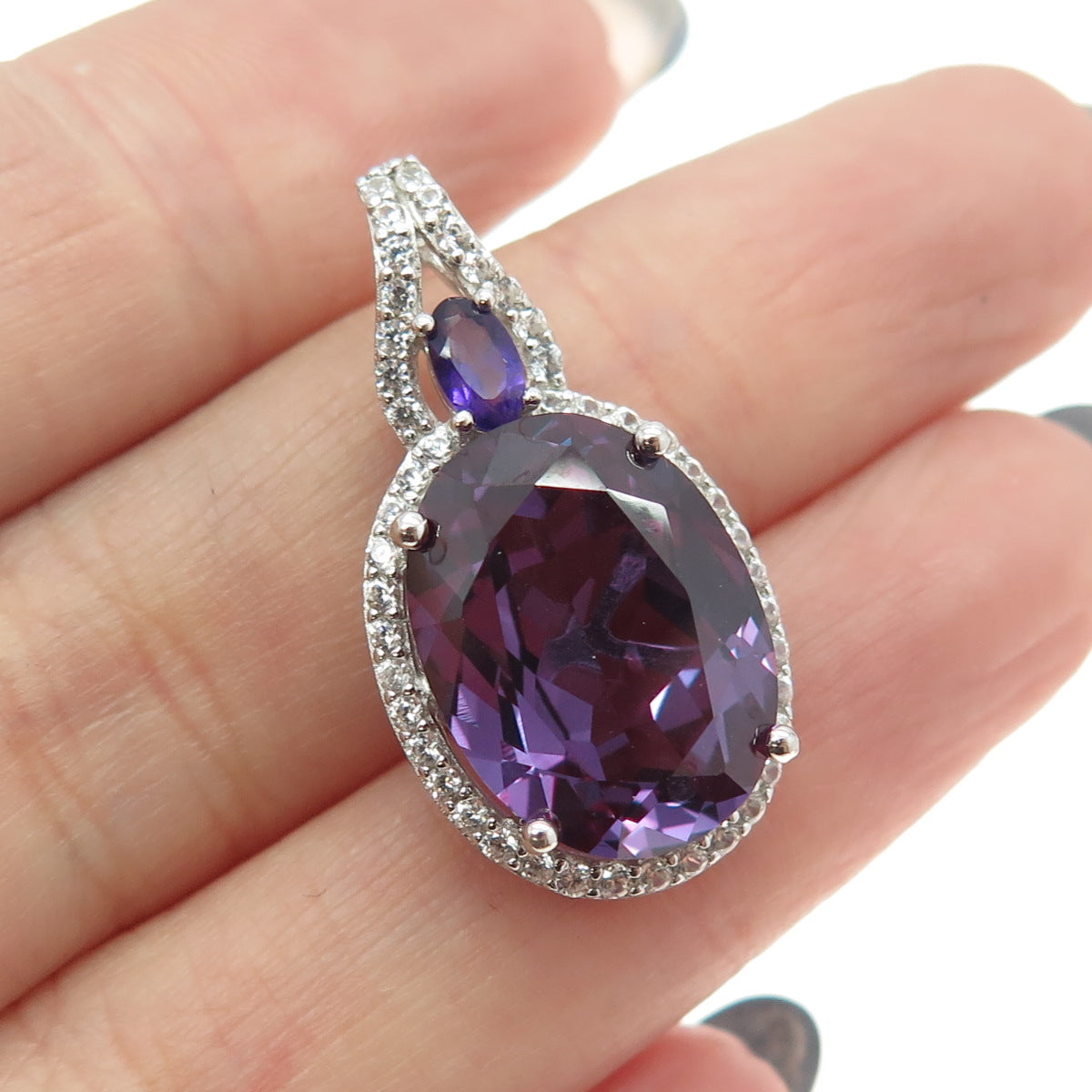 925 Sterling Silver Real Peacock Sapphire Amethyst & White Topaz Pendant