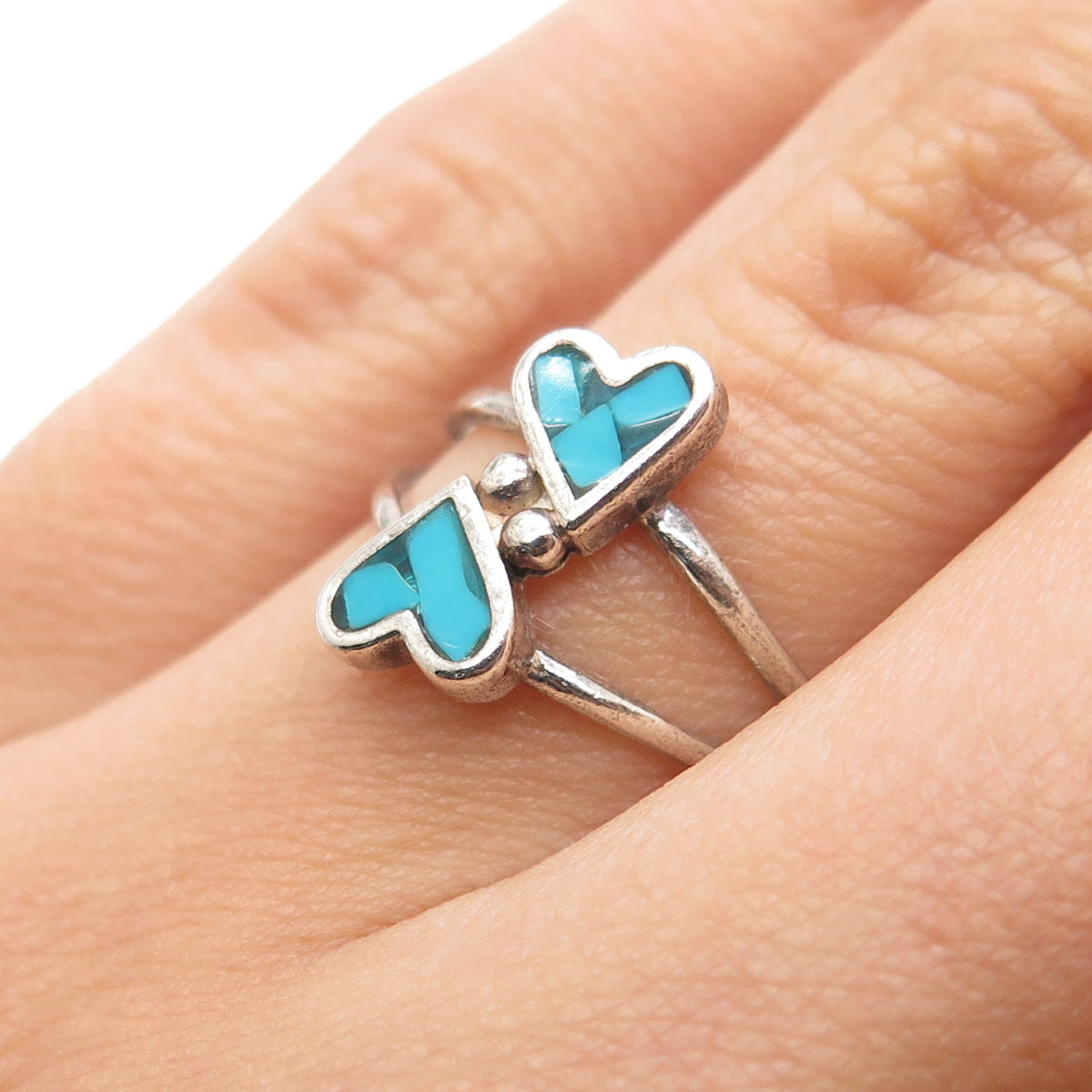 Old Pawn 925 Sterling Silver Vintage Turquoise Inlay Couple Heart Ring Size 6
