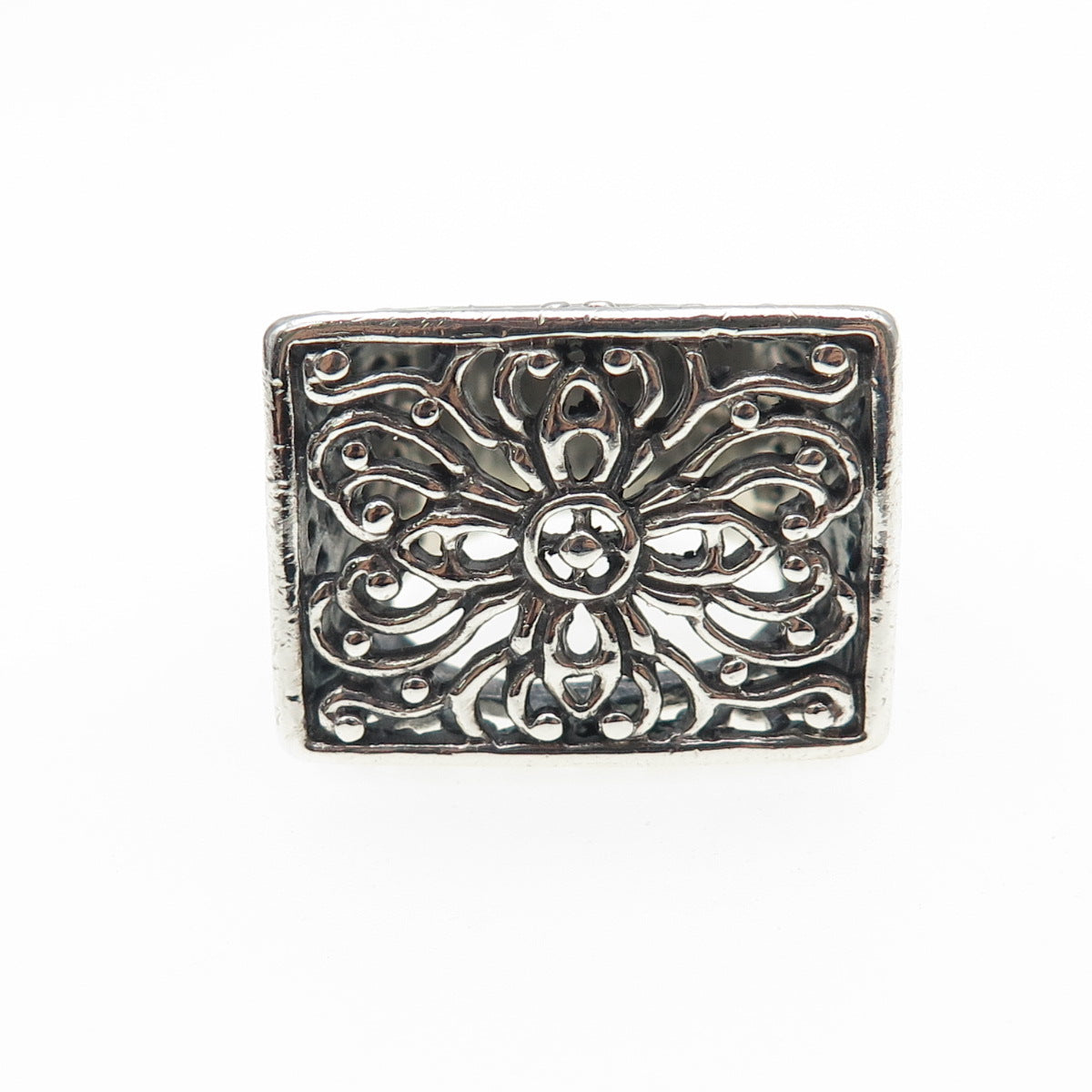925 Sterling Silver Vintage Modernist Flower Oxidized Ring Size 6.5