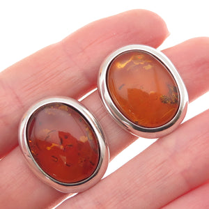 925 Sterling Silver Vintage Poland Real Amber Oval Clip On Earrings