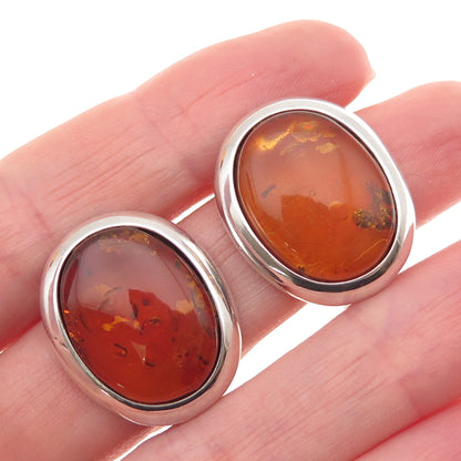 925 Sterling Silver Vintage Poland Real Amber Oval Clip On Earrings