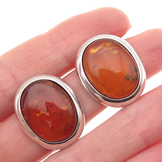 925 Sterling Silver Vintage Poland Real Amber Oval Clip On Earrings