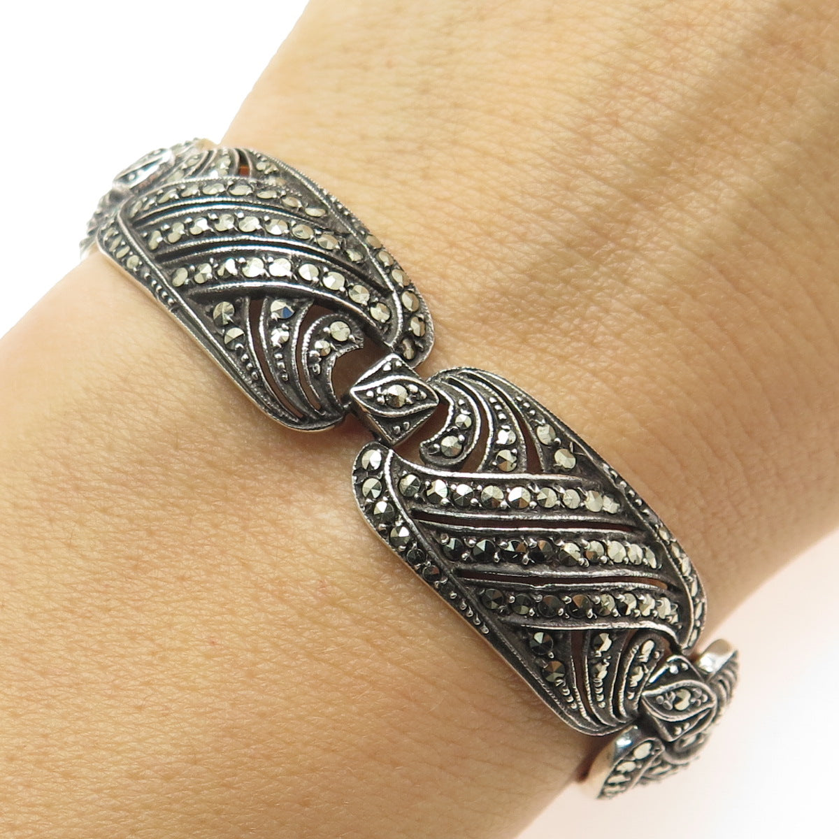 830S Silver Antique Art Deco Scandinavian Real Marcasite Panel Link Bracelet 7"