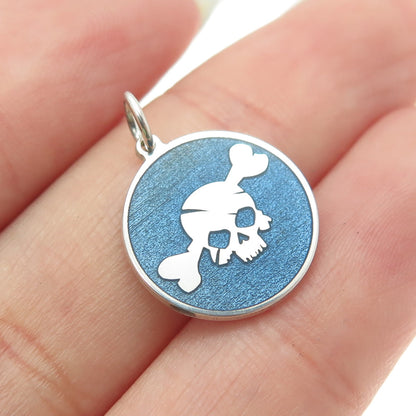 925 Sterling Silver Blue Enamel Skull & Bone Round Tag Minimalist Charm Pendant