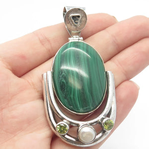 925 Sterling Silver Vintage Real Malachite Peridot Gemstone & Pearl Pendant