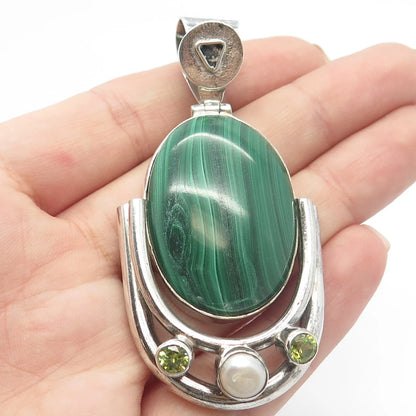 925 Sterling Silver Vintage Real Malachite Peridot Gemstone & Pearl Pendant