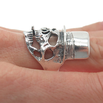 925 Sterling Silver Vintage Skull & Hat Oxidized Biker Ring Size 7.25