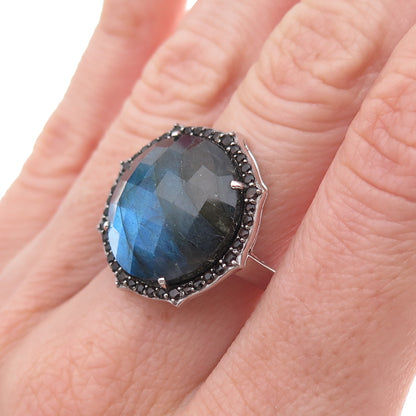 925 Sterling Silver Real Labradorite & Smoky Quartz Ring Size 6