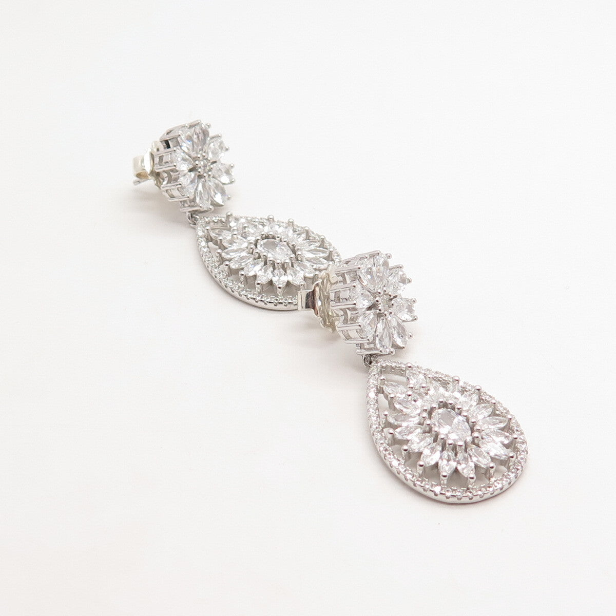 925 Sterling Silver C Z Teardrop Floral Dangling Earrings