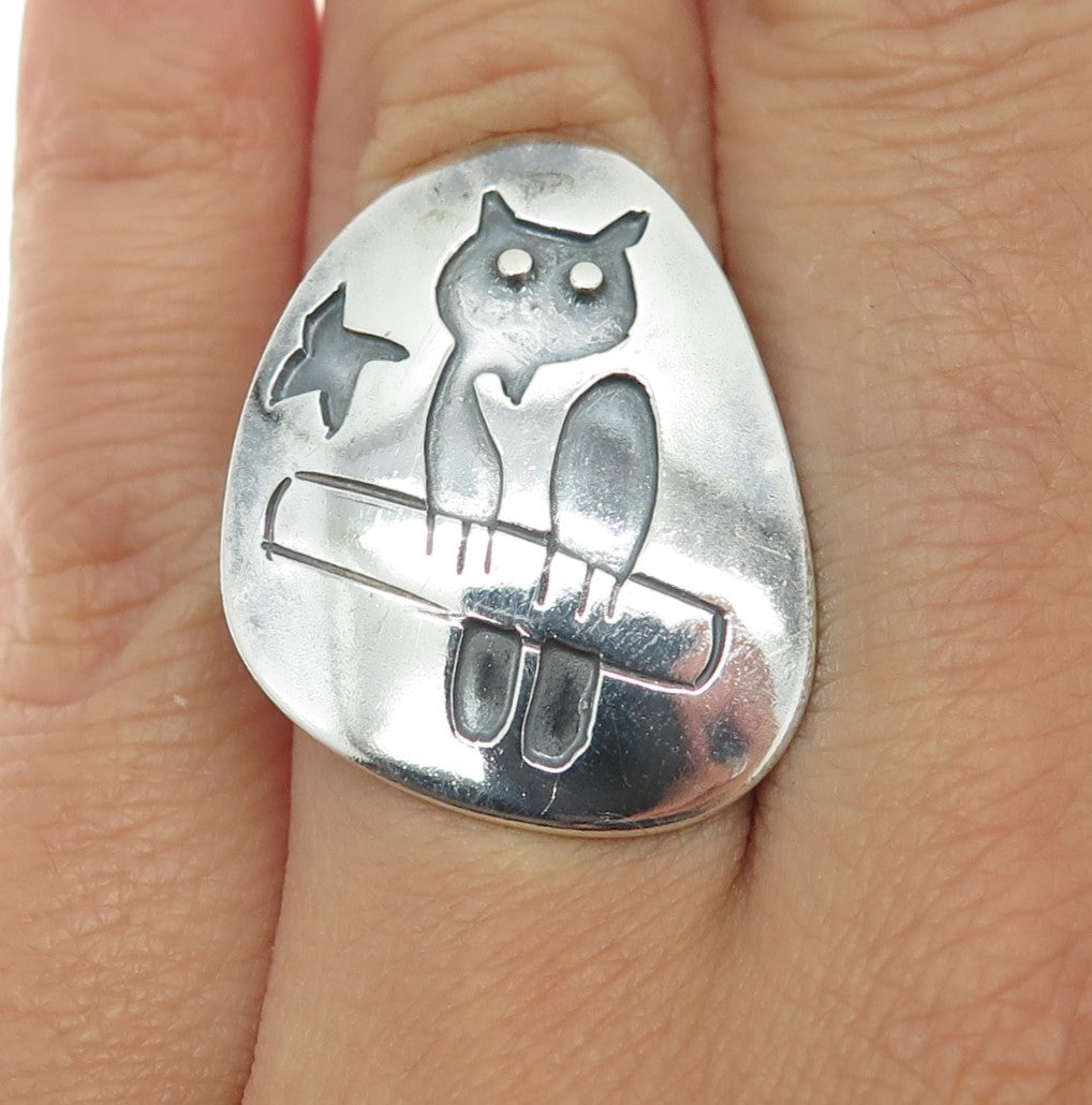 925 Sterling Silver Vintage Mexico Modernist Owl Oxidized Ring Size 4.75