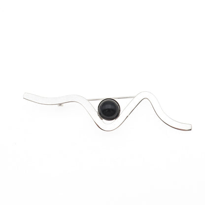Rolyn R Inc 925 Sterling Silver Vintage Real Black Onyx Modernist Wavy Brooch