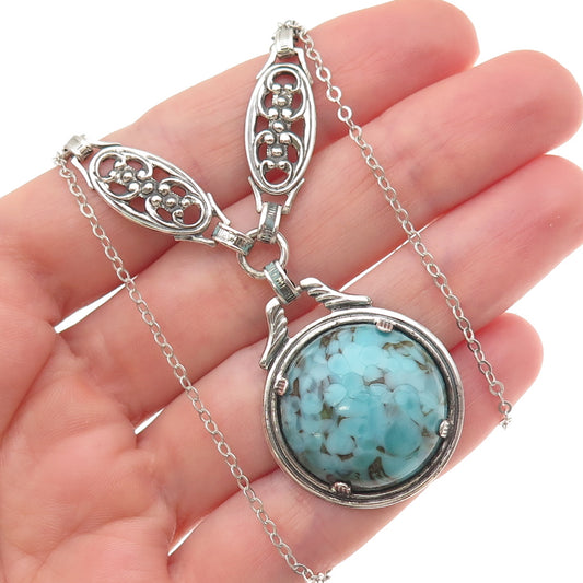 925 Sterling Silver Vintage Faux Turquoise Floral Cable Chain Necklace 16"