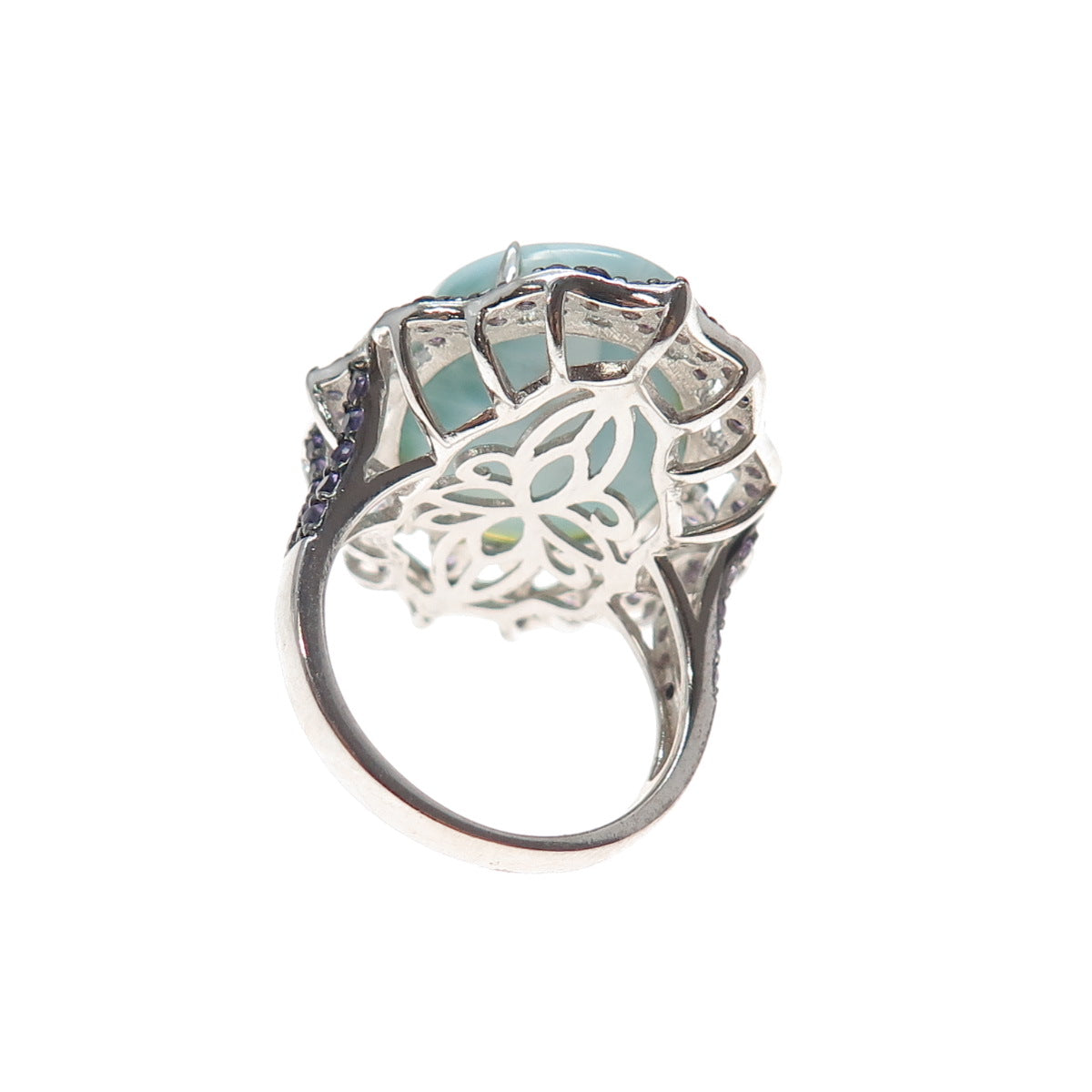 925 Sterling Silver Real Larimar & Amethyst Ring Size 7.25