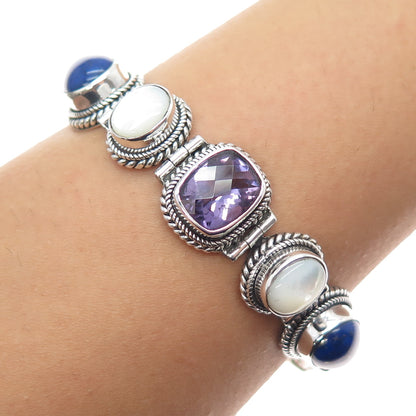 SUARTI BALI 925 Sterling Silver Vintage Real Amethyst Lapis MOP Bracelet 7-7.5"