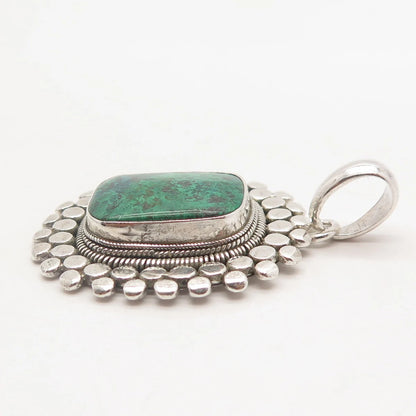 925 Sterling Silver Vintage Real Chrysocolla Gem Dotted Pendant