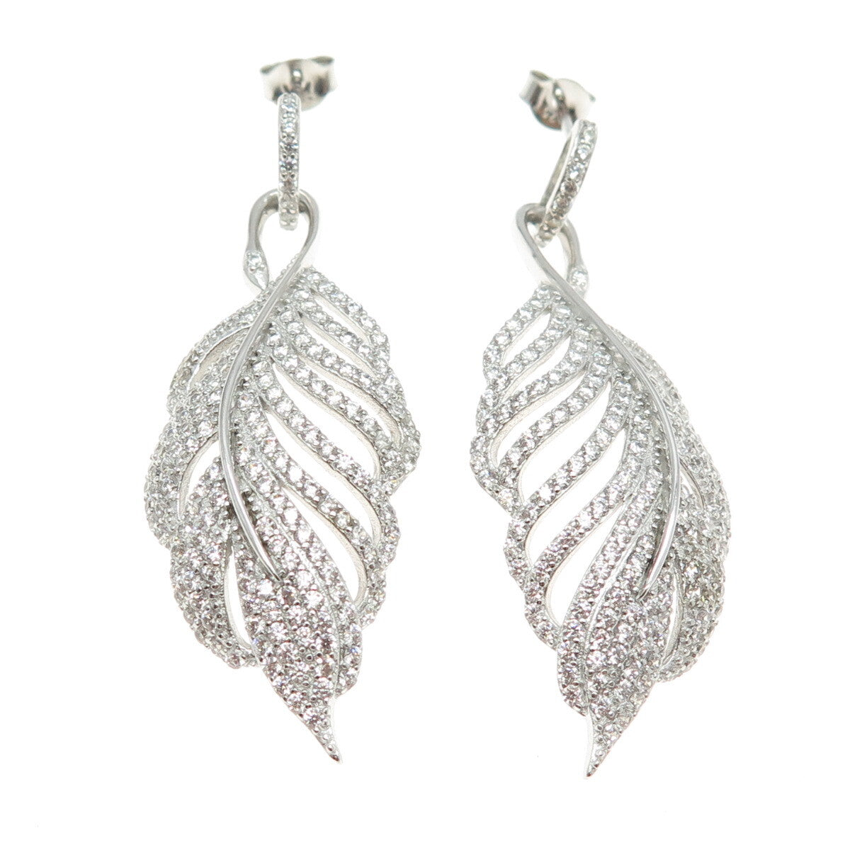 925 Sterling Silver Round-Cut C Z Feather Dangling Earrings