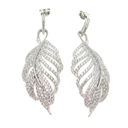 925 Sterling Silver Round-Cut C Z Feather Dangling Earrings