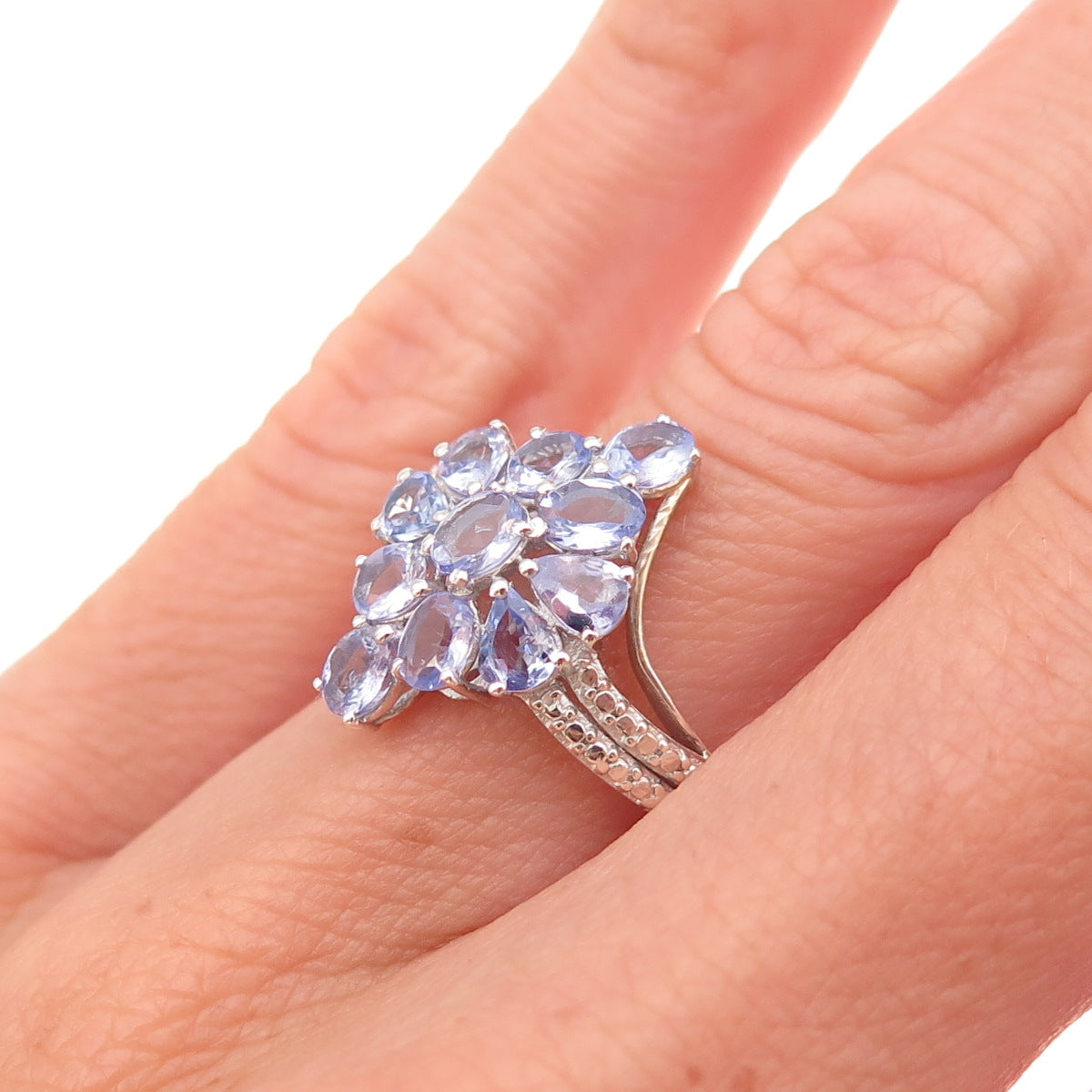 Chuck Clemency 925 Sterling Silver Real Tanzanite Floral Cluster Ring Size 5