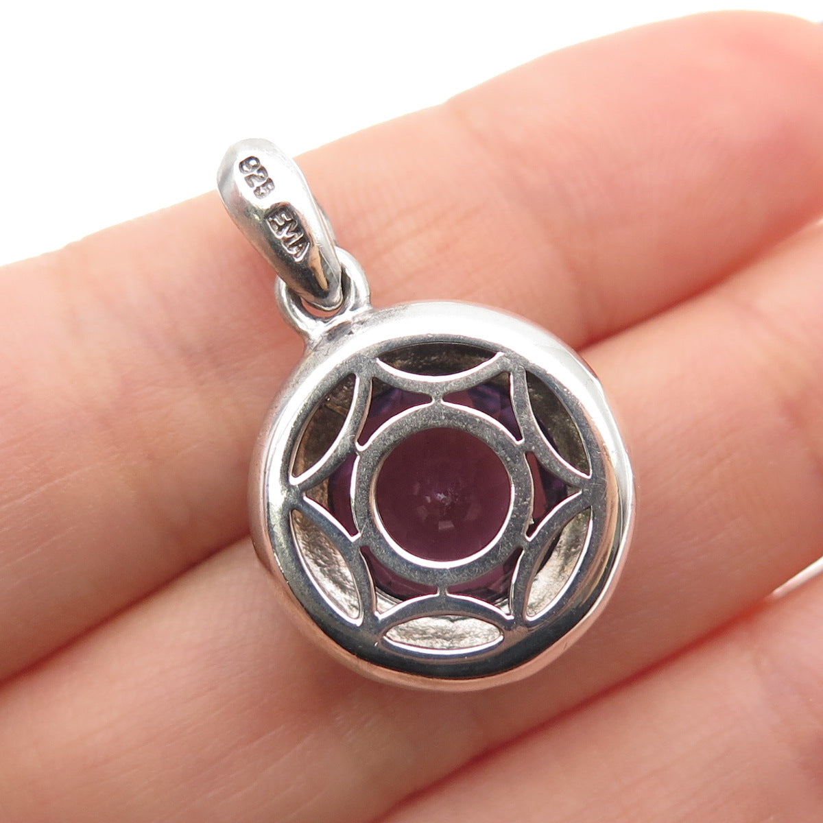 925 Sterling Silver Vintage EMA Real Round-Cut Amethyst Charm Pendant