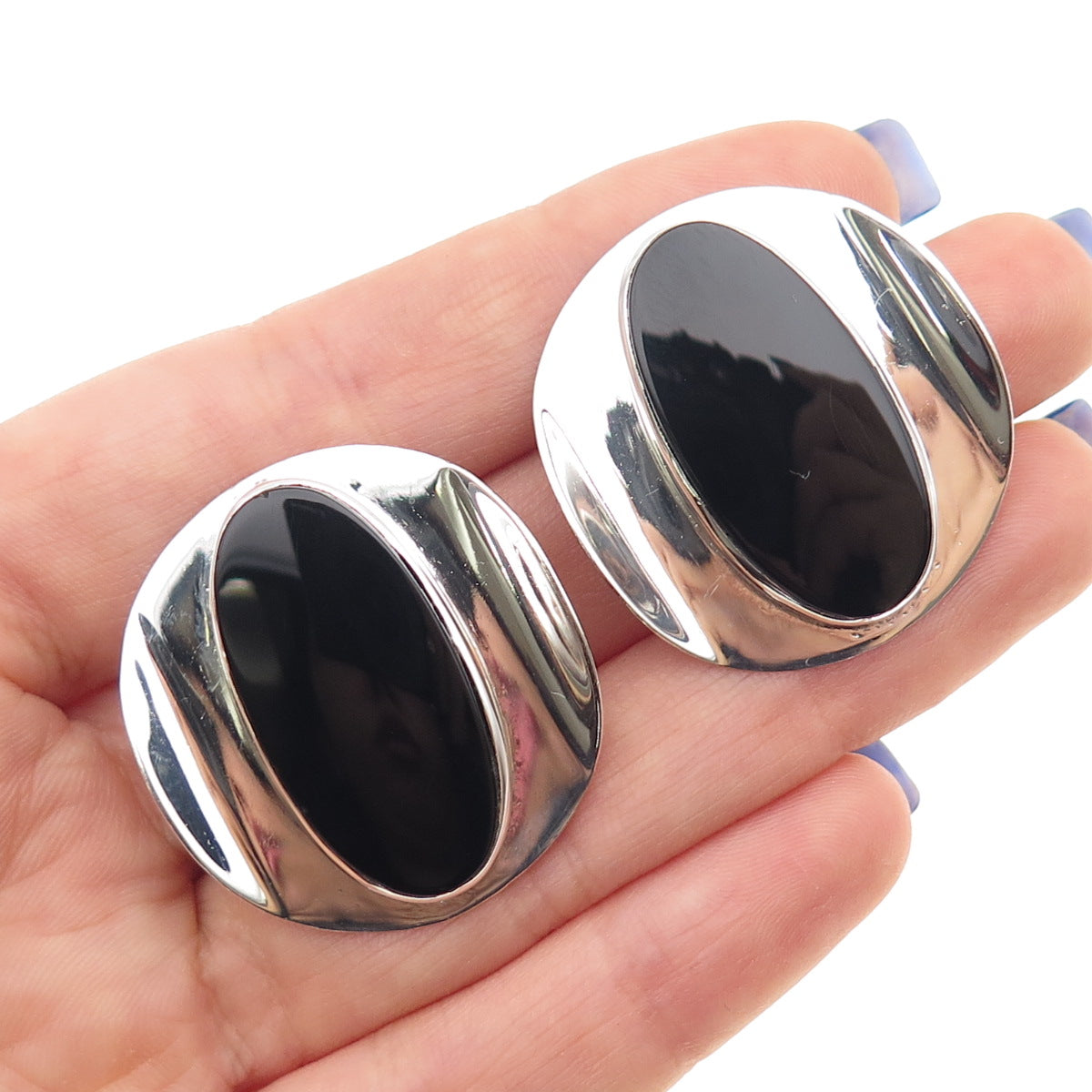 STEO 925 Sterling Silver Vintage 1984 Real Black Onyx Modernist Earrings