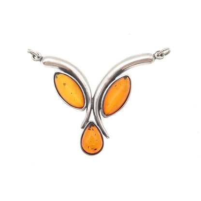 925 Sterling Silver Vintage Real Amber Modernist Centerpiece Pendant