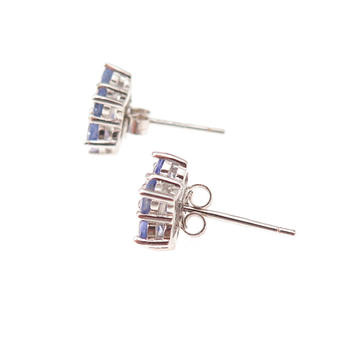 925 Sterling Silver Real Round-Cut Diamond & Tanzanite Floral Stud Earrings