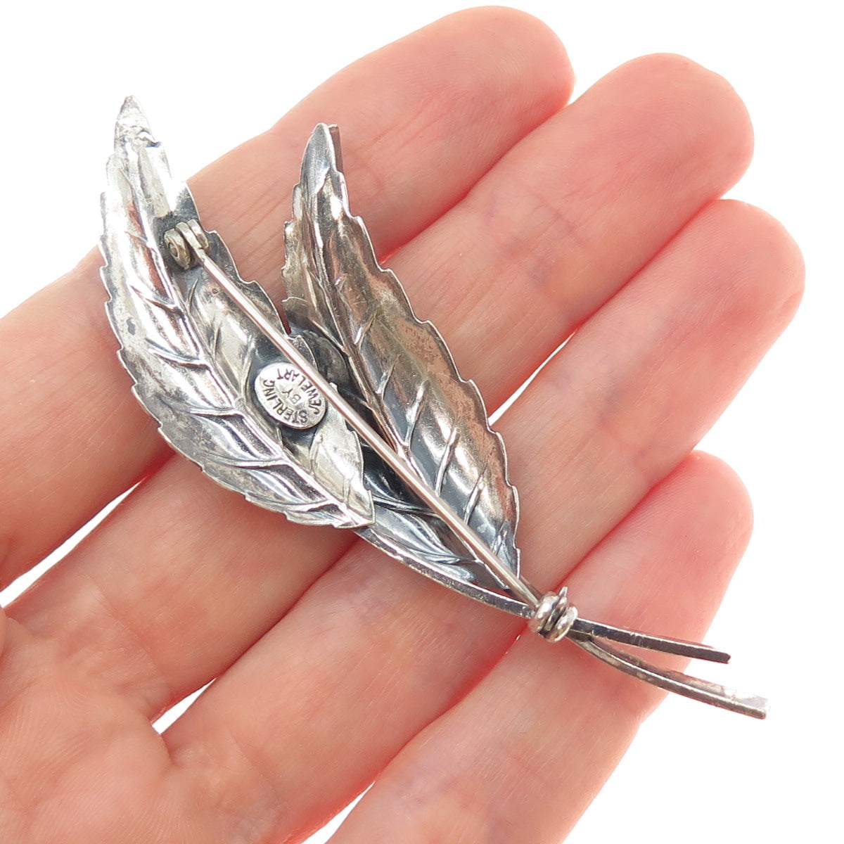 JEWELART 925 Sterling Silver Antique Art Deco Floral Leaf Oxidized Pin Brooch