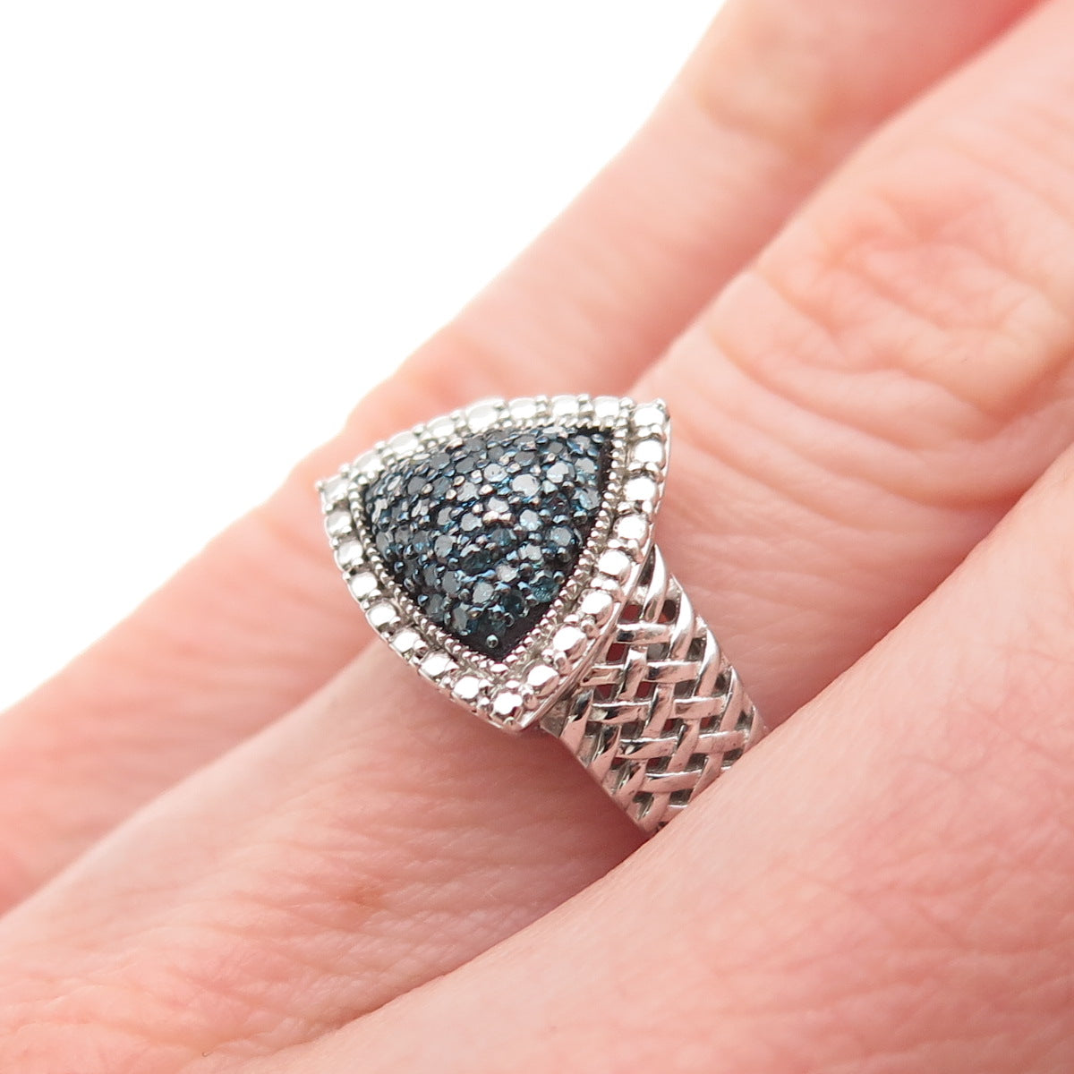 925 Sterling Silver Real Round-Cut Blue Diamond Triangle Ring Size 5
