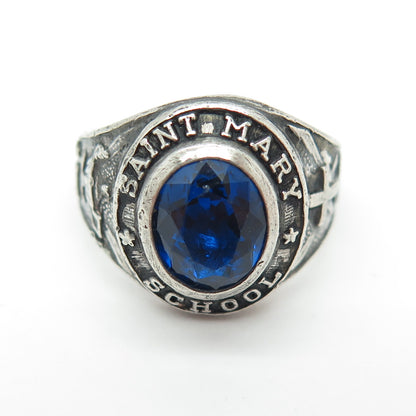 925 Sterling Vintage 1972 Lab-Created Sapphire Saint Mary School Ring Size 9.5