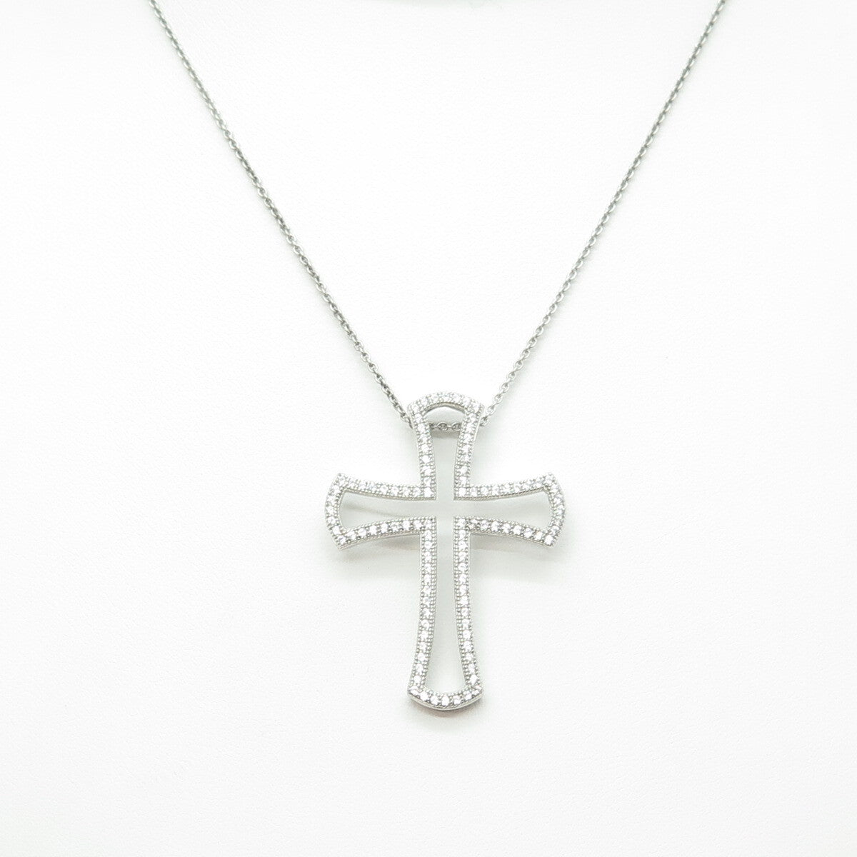 925 Sterling Silver Italy Round-Cut C Z Open Cross Cable Chain Necklace 16"