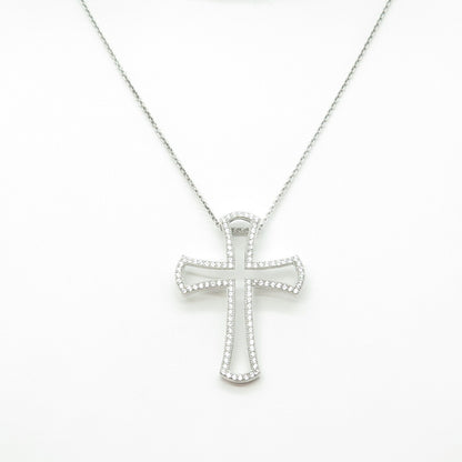925 Sterling Silver Italy Round-Cut C Z Open Cross Cable Chain Necklace 16"