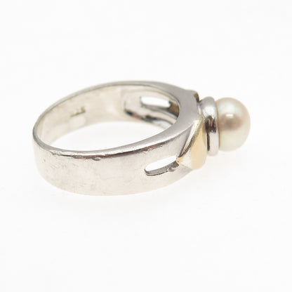 925 Sterling Silver 2-Tone Vintage Real Pearl Modernist Oxidized Ring Size 7.75