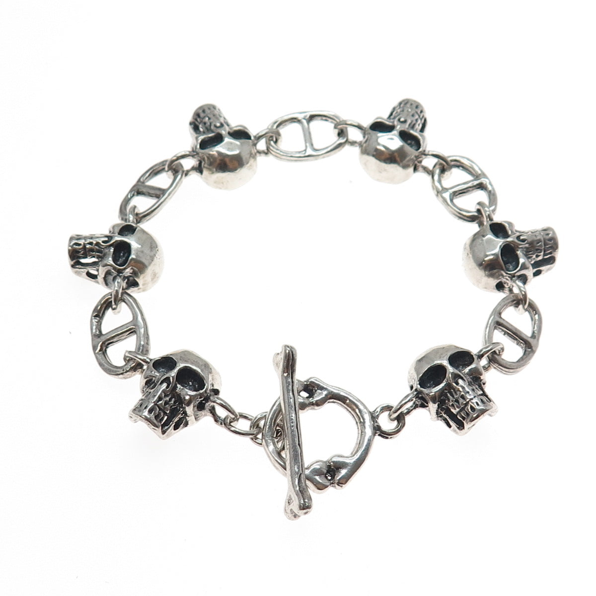 925 Sterling Silver Vintage Skull & Anchor Link Heavy 64.8g Bracelet 7.5"