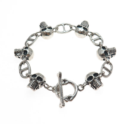 925 Sterling Silver Vintage Skull & Anchor Link Heavy 64.8g Bracelet 7.5"