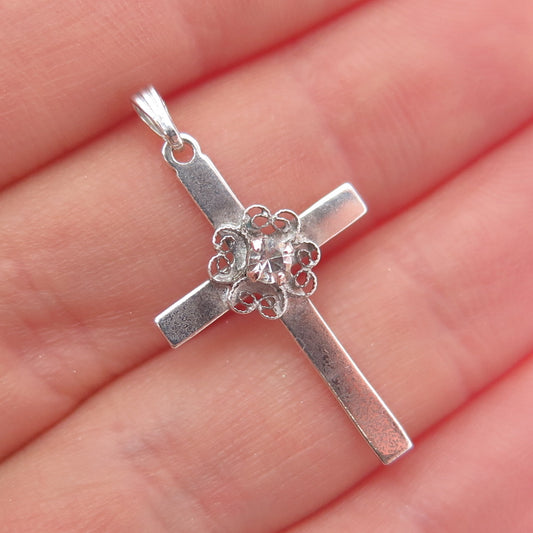 925 Sterling Silver Antique Art Deco Rhinestone Cross Charm Pendant