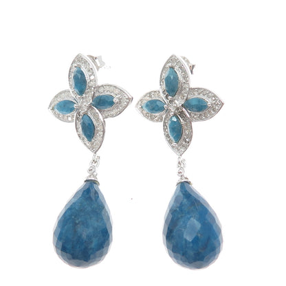 925 Sterling Silver Real Diamond Pear & Marquise-Cut Sapphire Flower Earrings