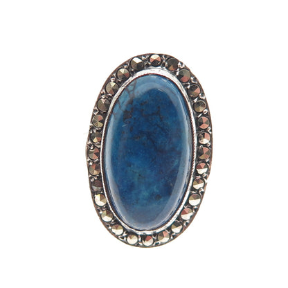 925 Sterling Silver Antique Art Deco Germany Real Lapis & Marcasite Ring Size 6