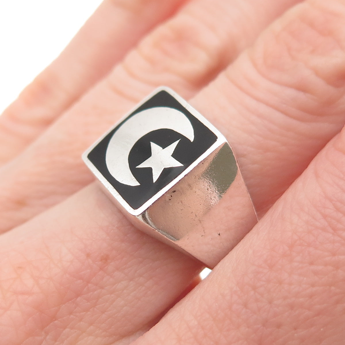 925 Sterling Vintage Mexico Real Black Onyx Crescent Moon & Star Ring Size 7